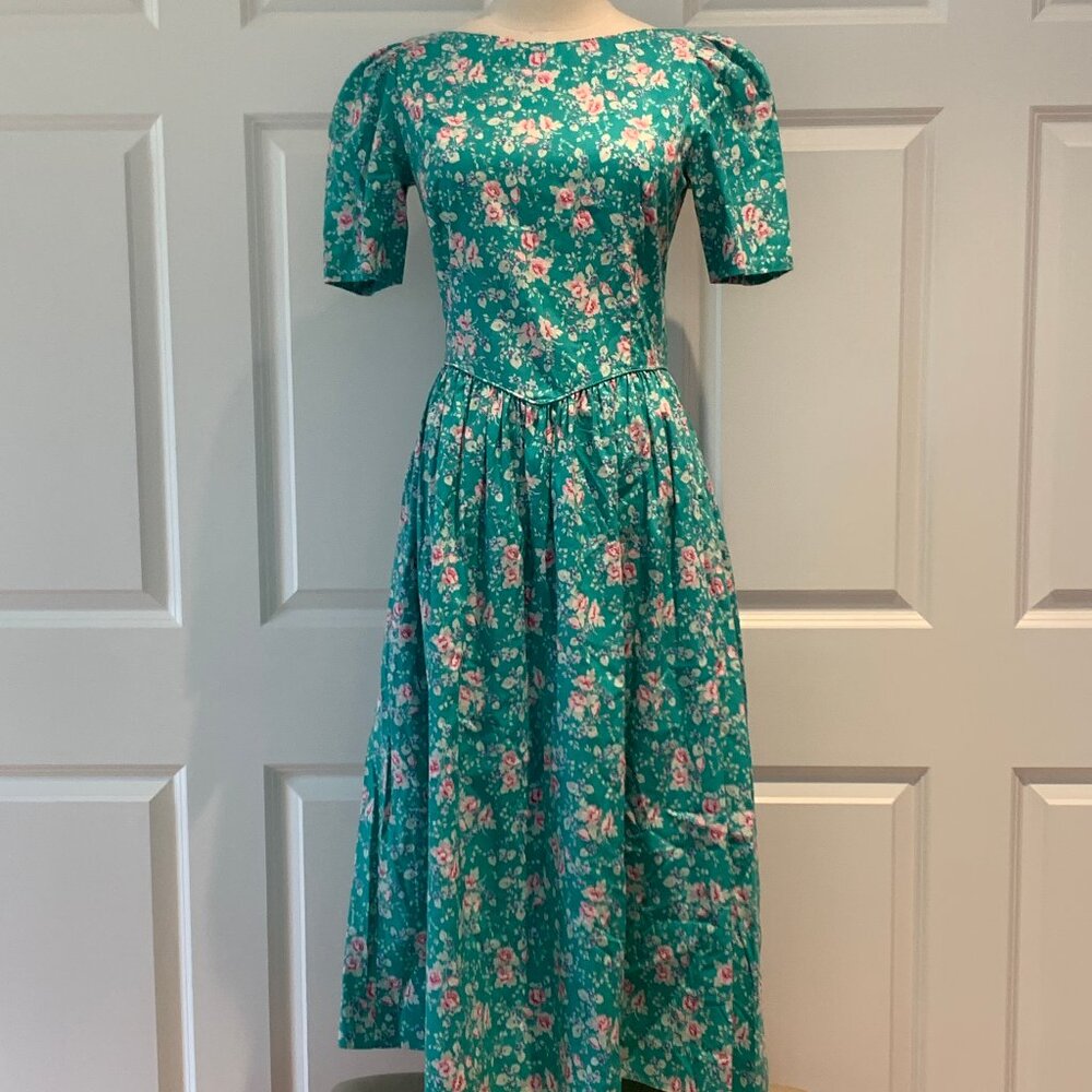 Vintage SS turquoise and pink Laura Ashley cotton dress US 10